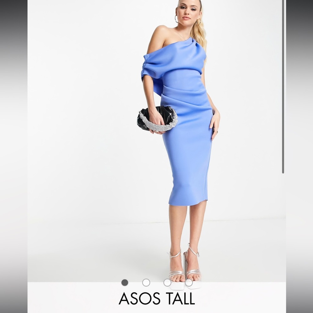 ASOS DESIGN Tall fallen shoulder pleat midi dress in parisian blue